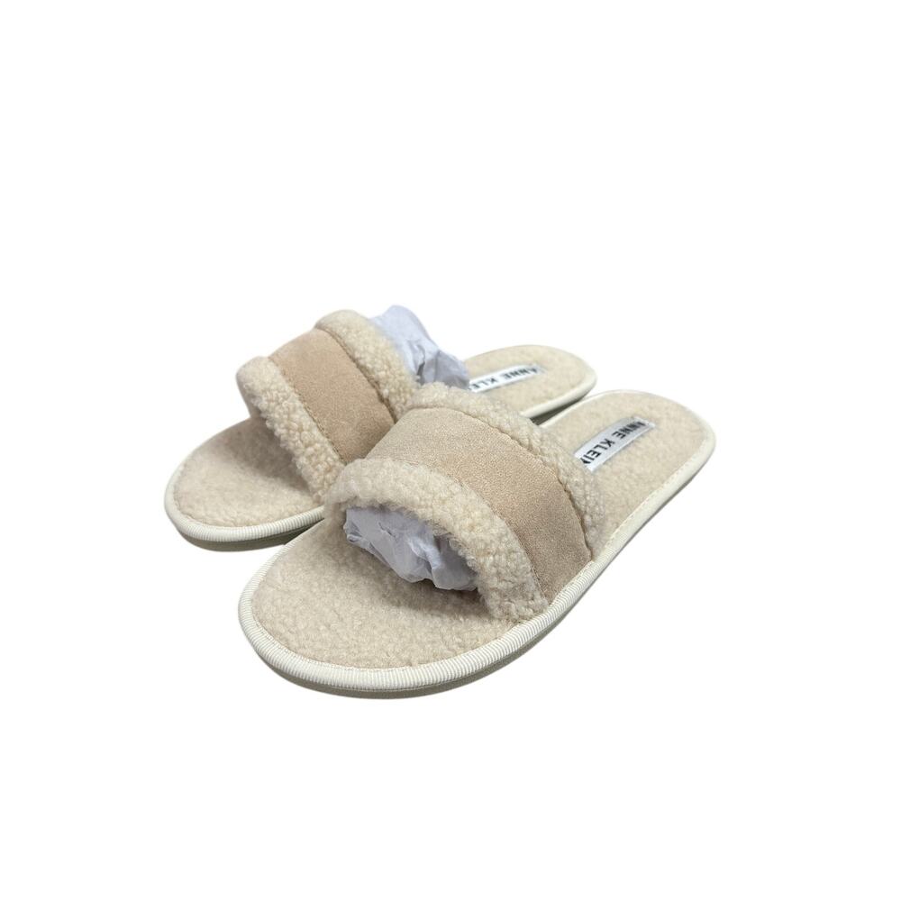 New Anne Klein Sz 9 Cream Natural Faux Shearling Cozie Slip On Slide Slippers